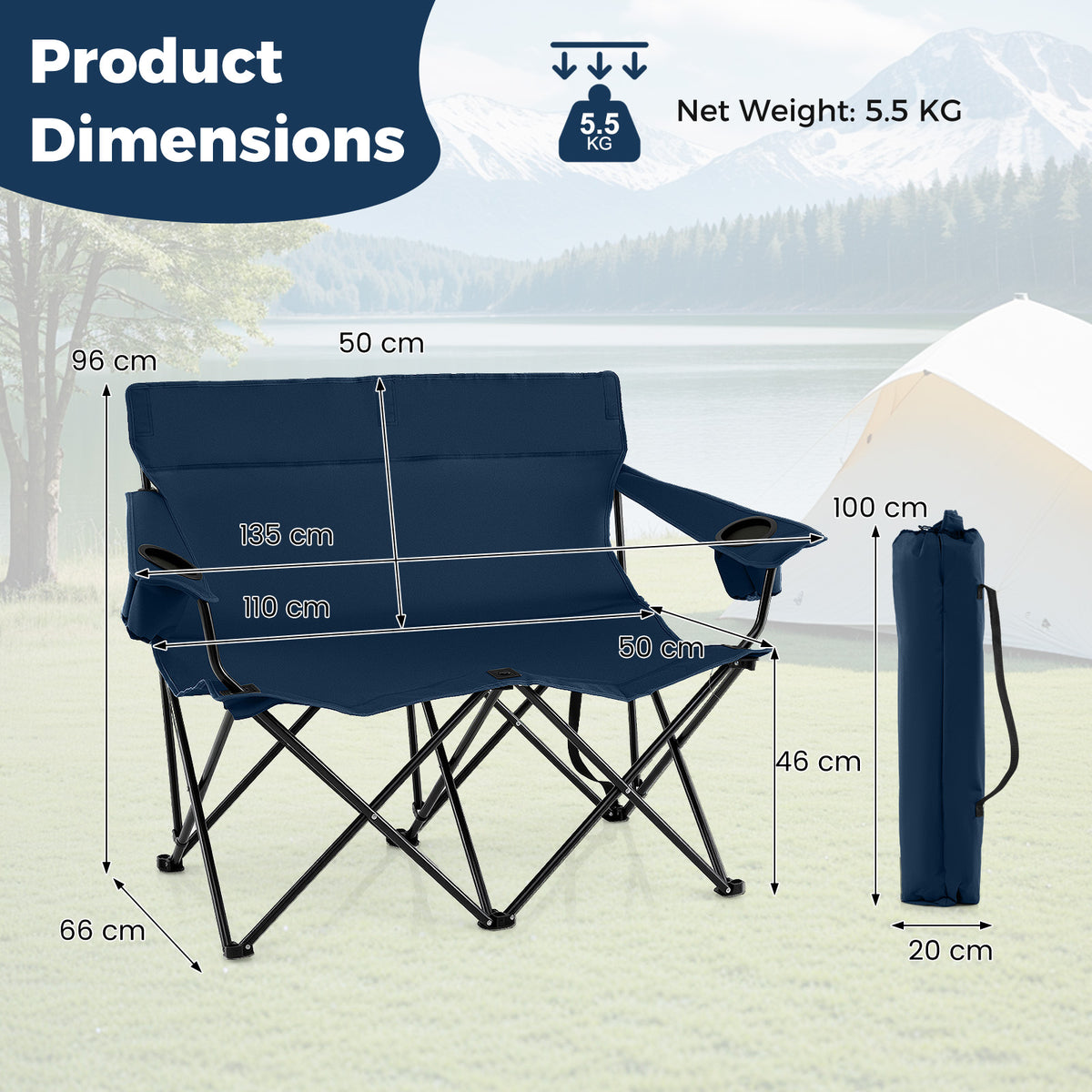 Double Camping Chair with Cup Holders and Carrying Bag-Blue