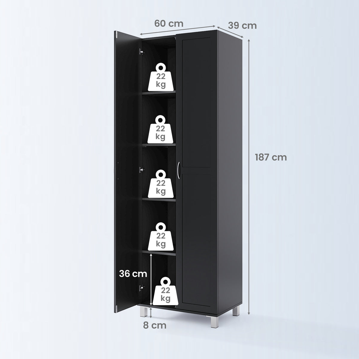 Double Door Tall Storage Cabinet with Adjustable Shelf and Anti-tilt Design-Black