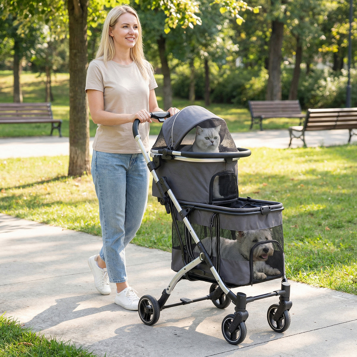 Double Pet Stroller with 2 Detachable Carriers 4-in-1 Foldable Dog Jogger Car Seat-Black
