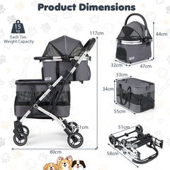 Double Pet Stroller with 2 Detachable Carriers 4-in-1 Foldable Dog Jogger Car Seat-Black