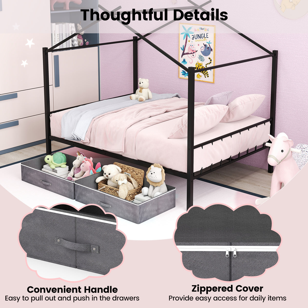 Double Size House Bed with 2 Drawers No Box Spring Needed-Black