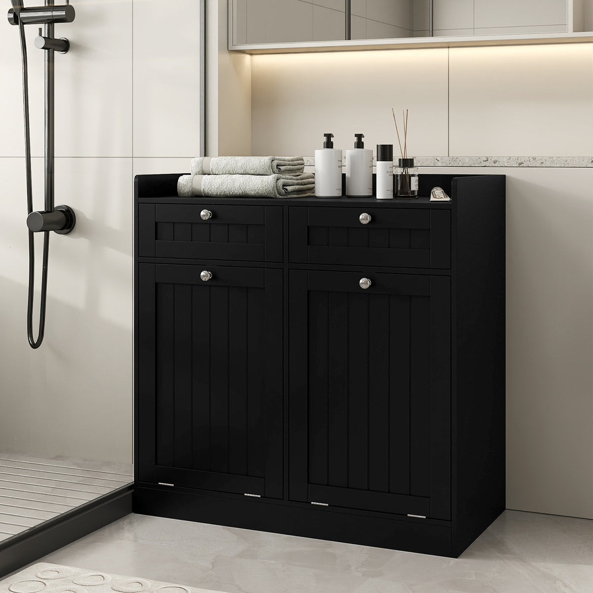 Double Tilt-Out Laundry Hamper Cabinet with Removable Baskets-Black