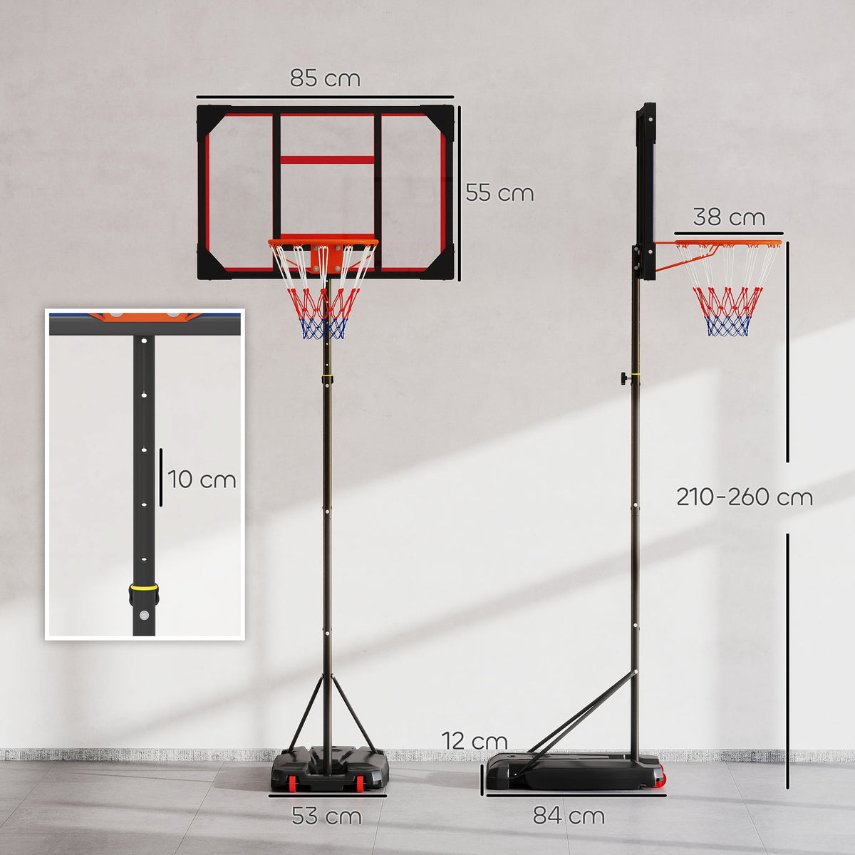 AIYAPLAY Basketball Hoop Outdoor Indoor, 210-260cm Height Adjustable Basketball Hoop with Wheels, Larger Base, for 6+ Years, Red