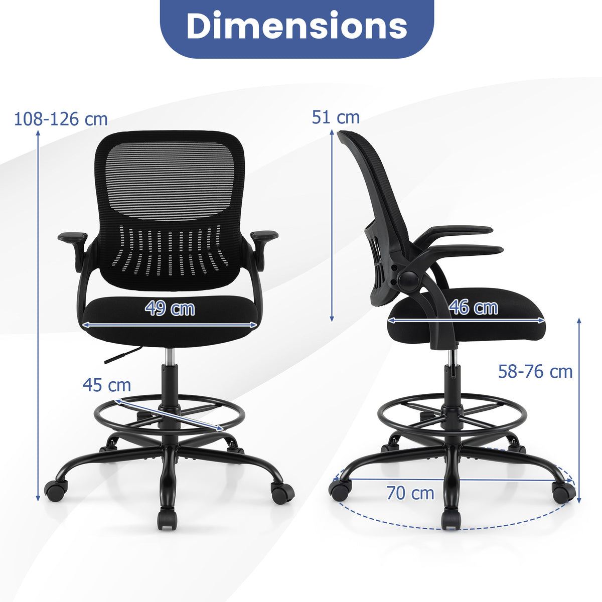 Drafting Chair Tall Mesh Swivel Task Chair with Flip Up Armrests and Adjustable Footrest Ring-Black