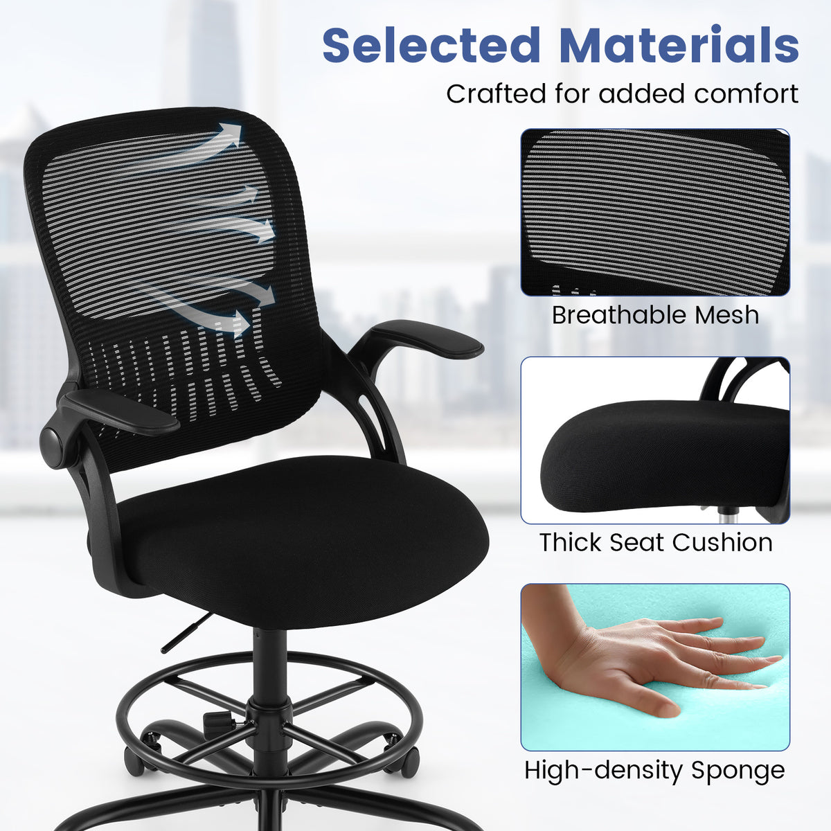 Drafting Chair Tall Mesh Swivel Task Chair with Flip Up Armrests and Adjustable Footrest Ring-Black
