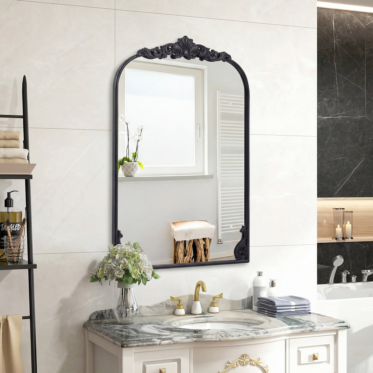 Dramatic Arched Wall Mirror with Baroque Ornate Frame-M