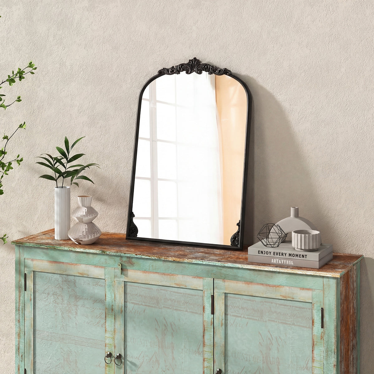 Dramatic Arched Wall Mirror with Baroque Ornate Frame-M