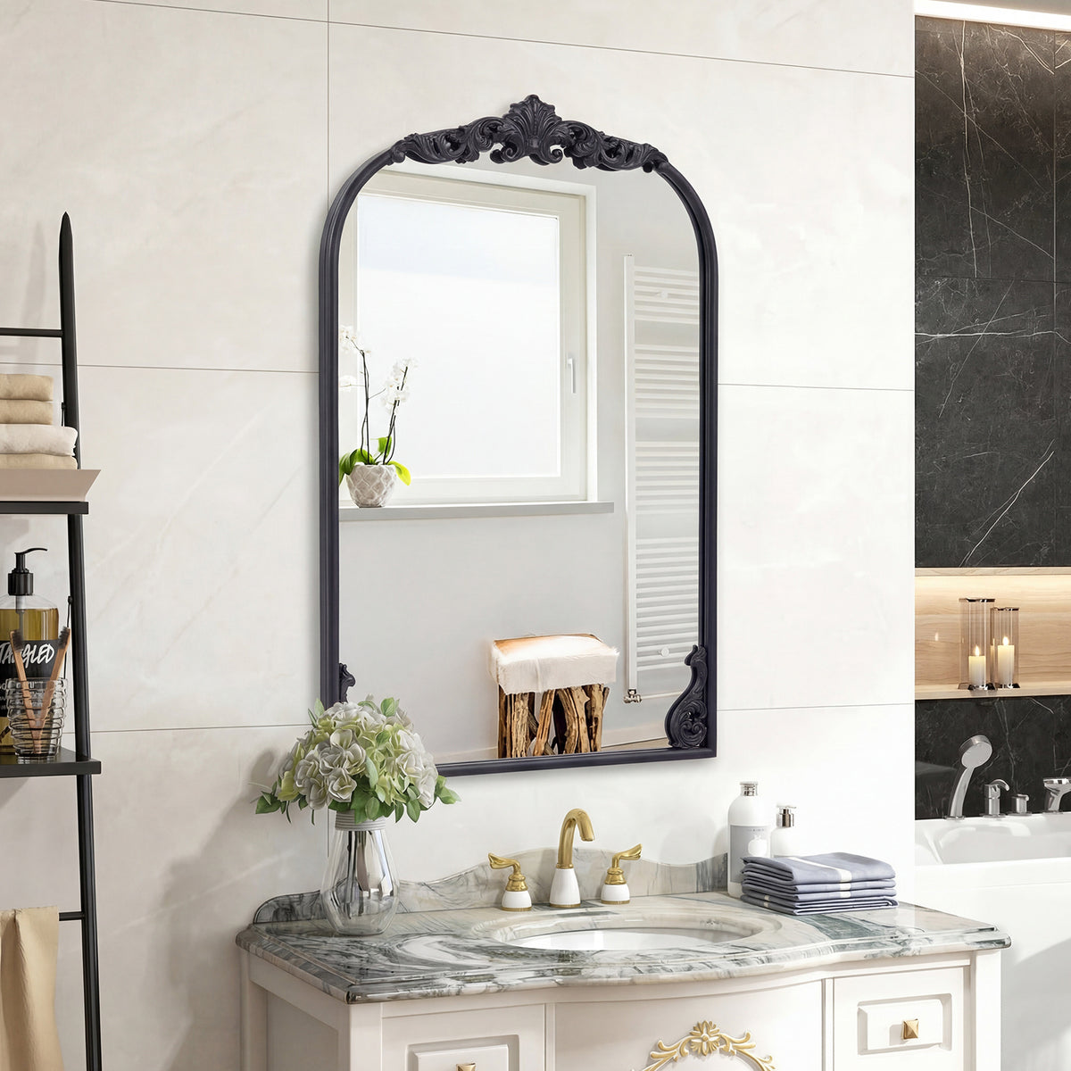 Dramatic Arched Wall Mirror with Baroque Ornate Frame-S