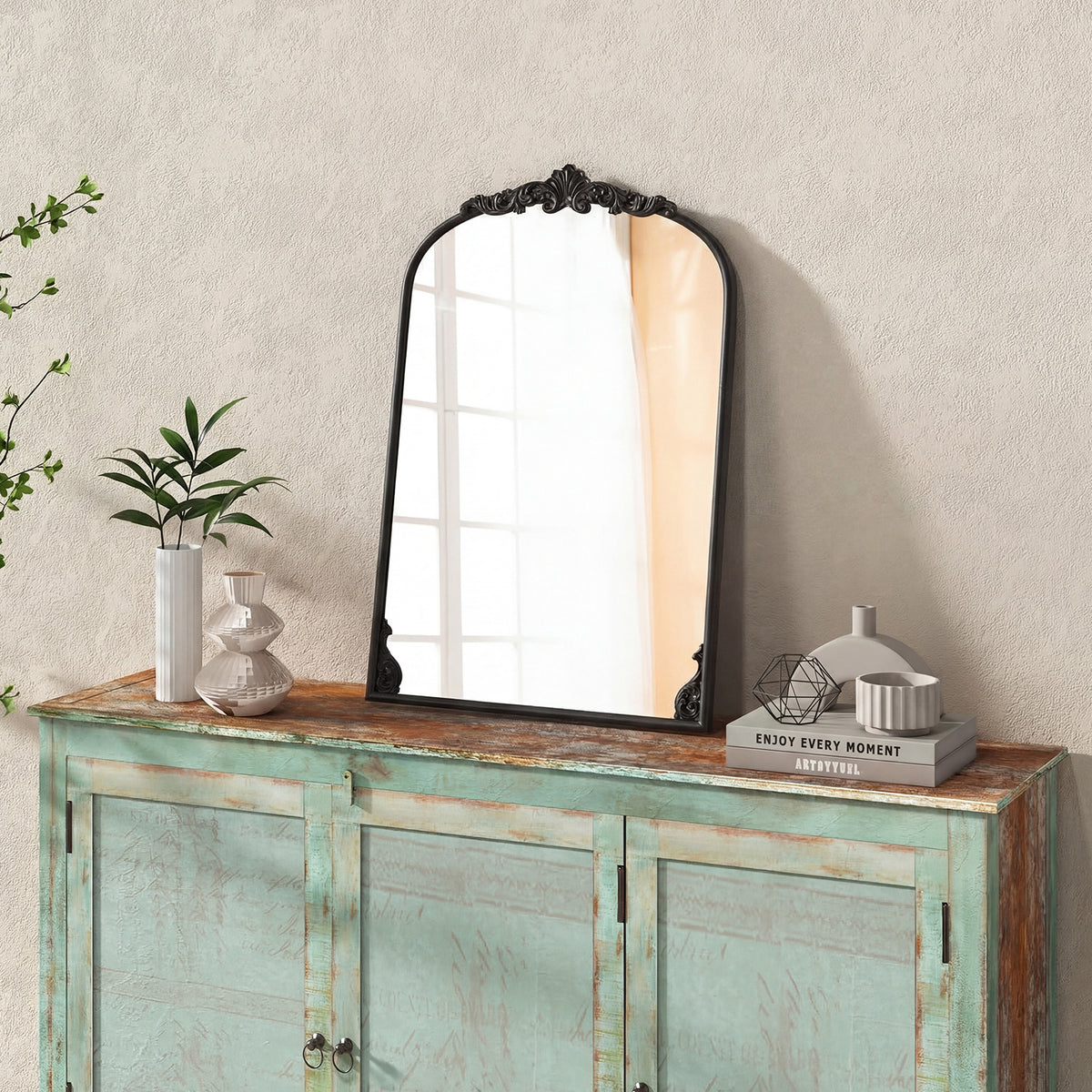 Dramatic Arched Wall Mirror with Baroque Ornate Frame-S