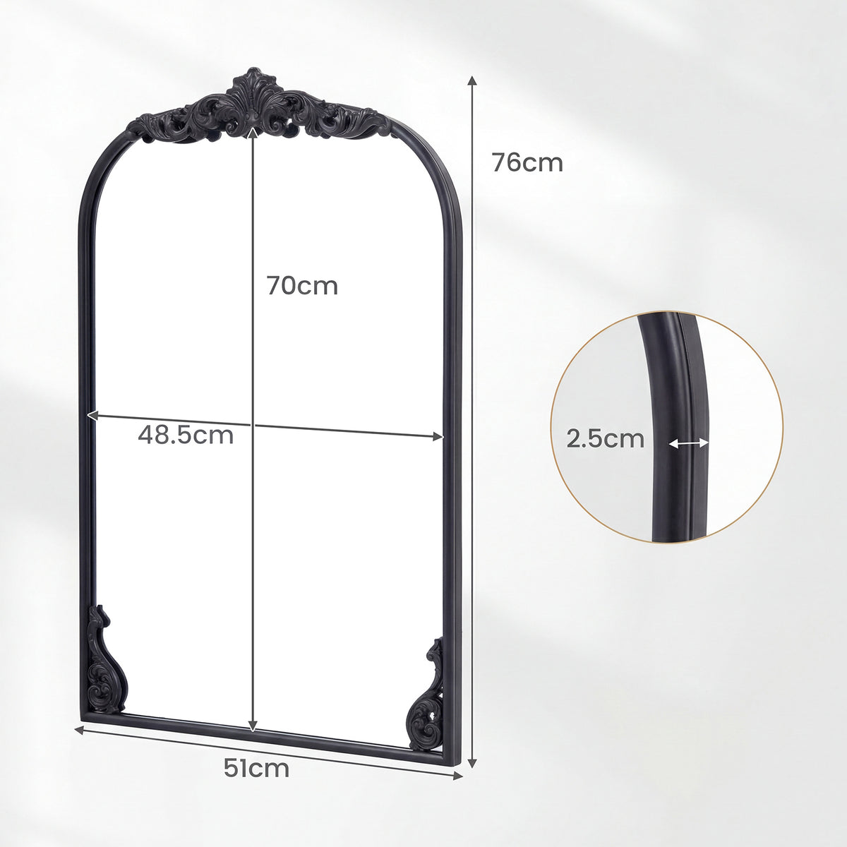 Dramatic Arched Wall Mirror with Baroque Ornate Frame-S