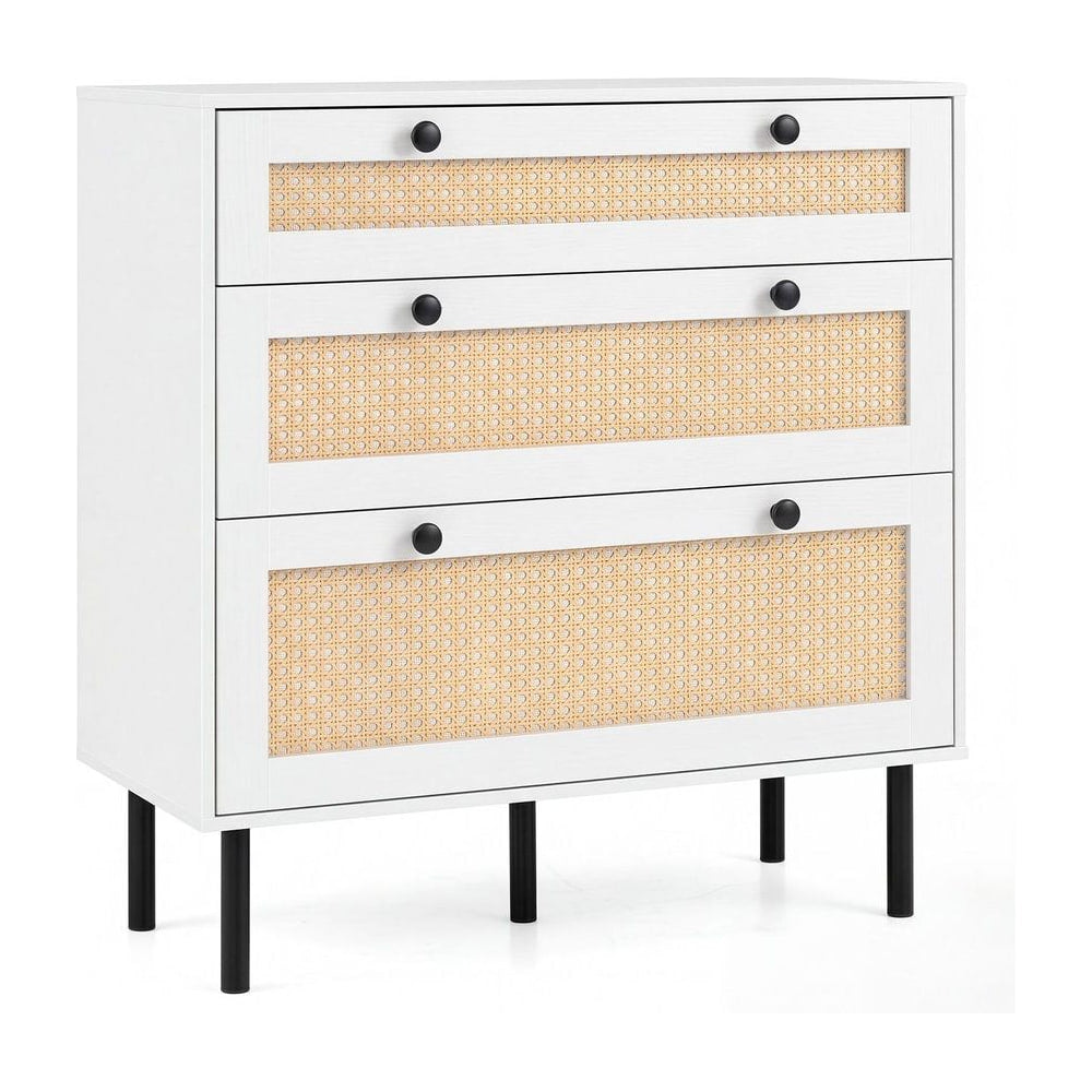 Dresser with 3 Drawers featuring a white frame, rattan panels and black metal legs on a white background