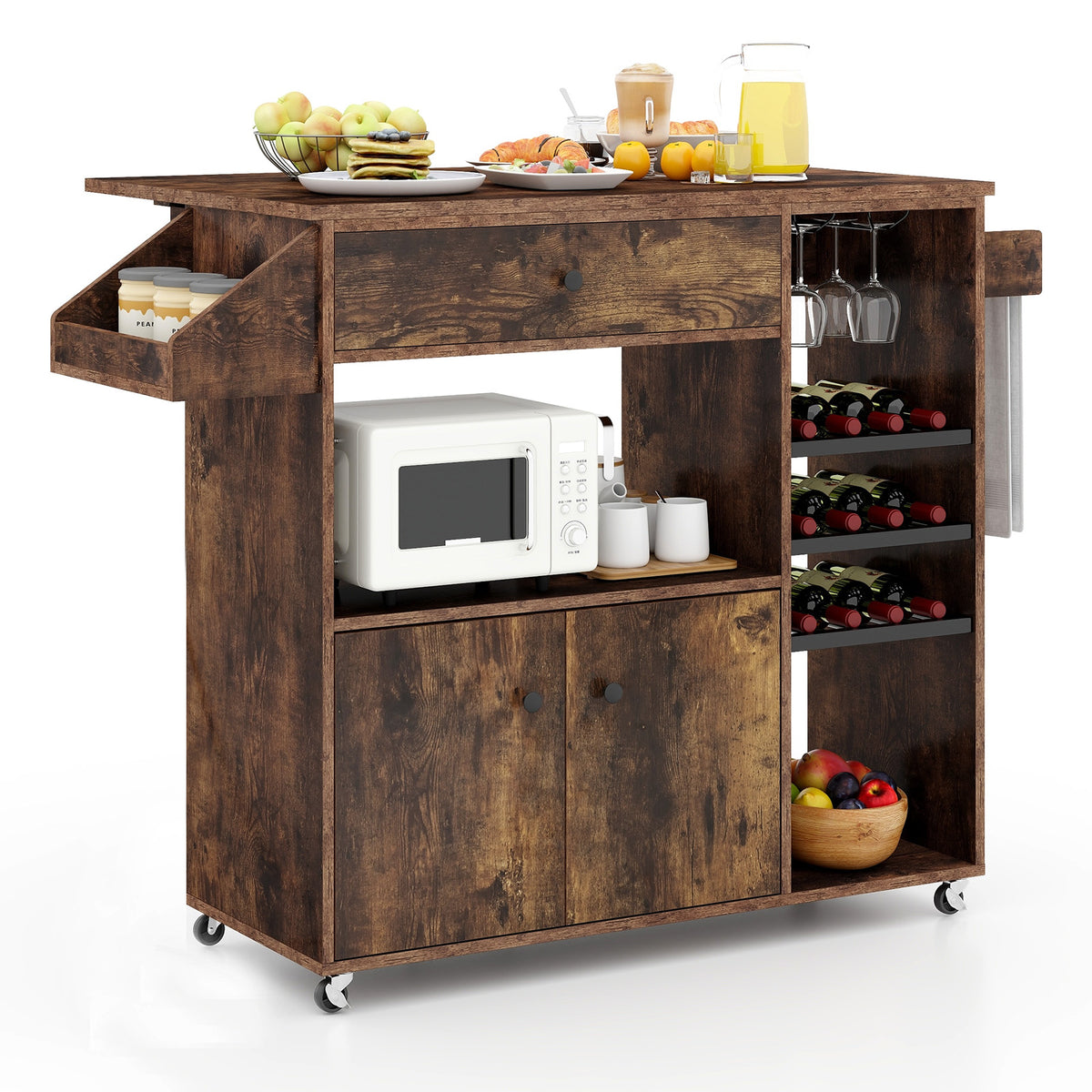 Mobile Drop Leaf Kitchen Island Cart with Microwave Shelf and Wine Rack-Rustic Brown