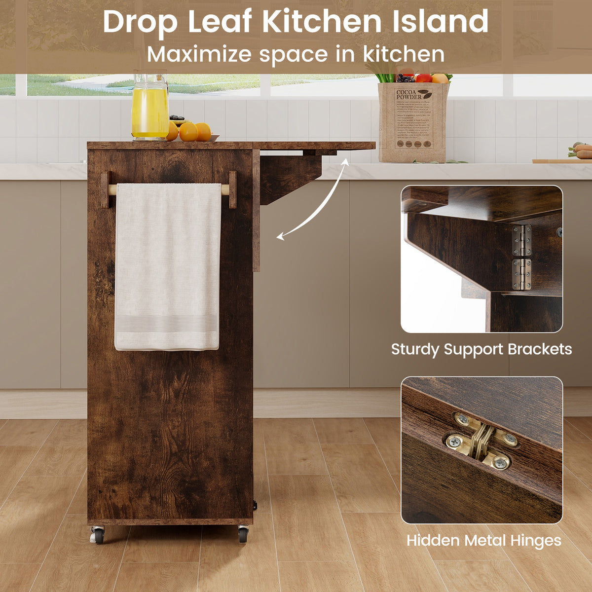 Mobile Drop Leaf Kitchen Island Cart with Microwave Shelf and Wine Rack-Rustic Brown