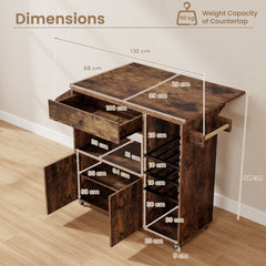 Mobile Drop Leaf Kitchen Island Cart with Microwave Shelf and Wine Rack-Rustic Brown