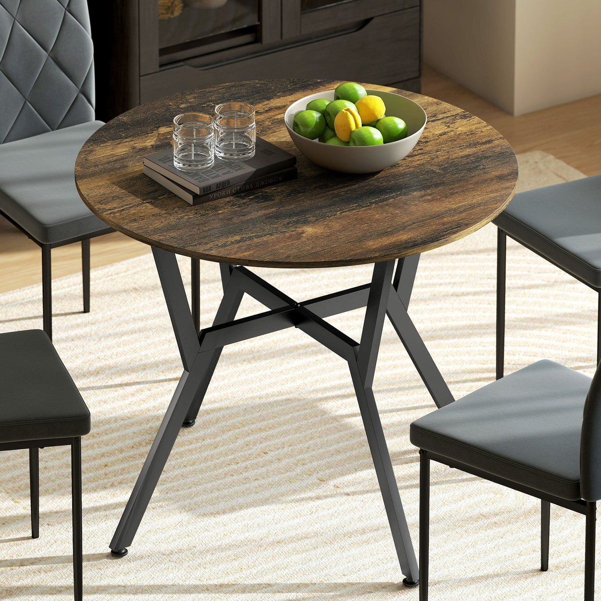 HOMCOM Dining Table, Round Kitchen Table with Black Legs, Anti-slip Foot Pads for Living Room, Dining Room 90 x 76 cm, Rustic Brown