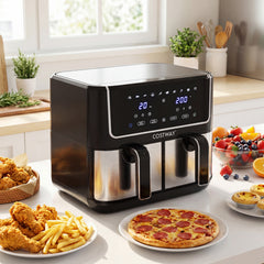 Dual-Zone Air Fryer with 10 Presets and LED Touchscreen Panel-Black