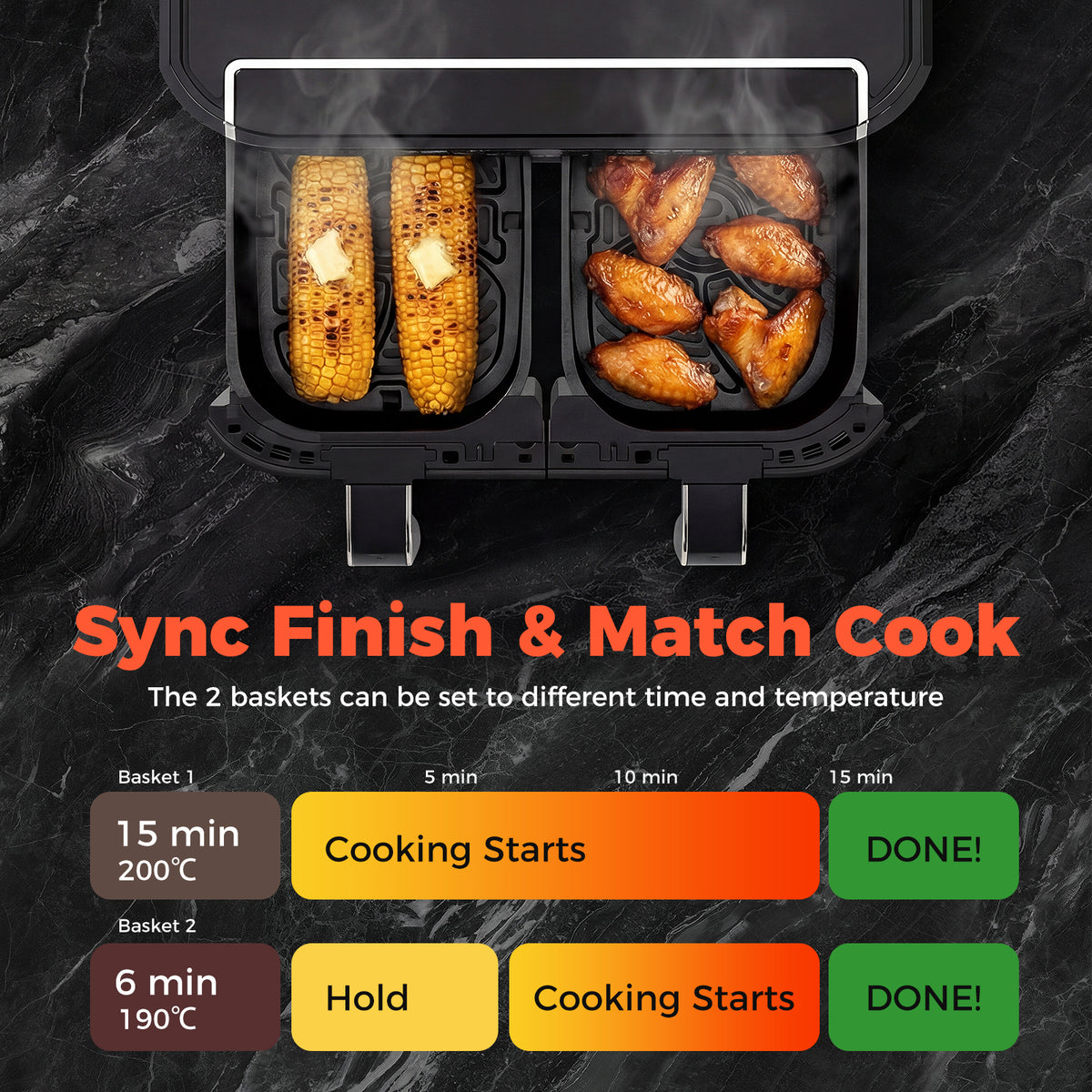 Dual-Zone Air Fryer with 10 Presets and LED Touchscreen Panel-Black