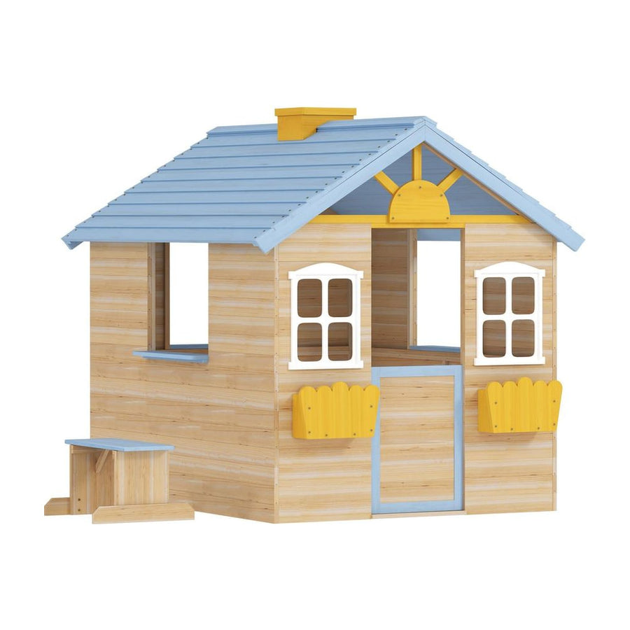 Outsunny Wooden Playhouse, Wendy House w/ Door, Bench, Flowerpot Holder, For Ages 3-7 Years, Blue