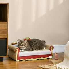 A tabby cat lounges on the cardboard cat scratcher sofa bed in a room
