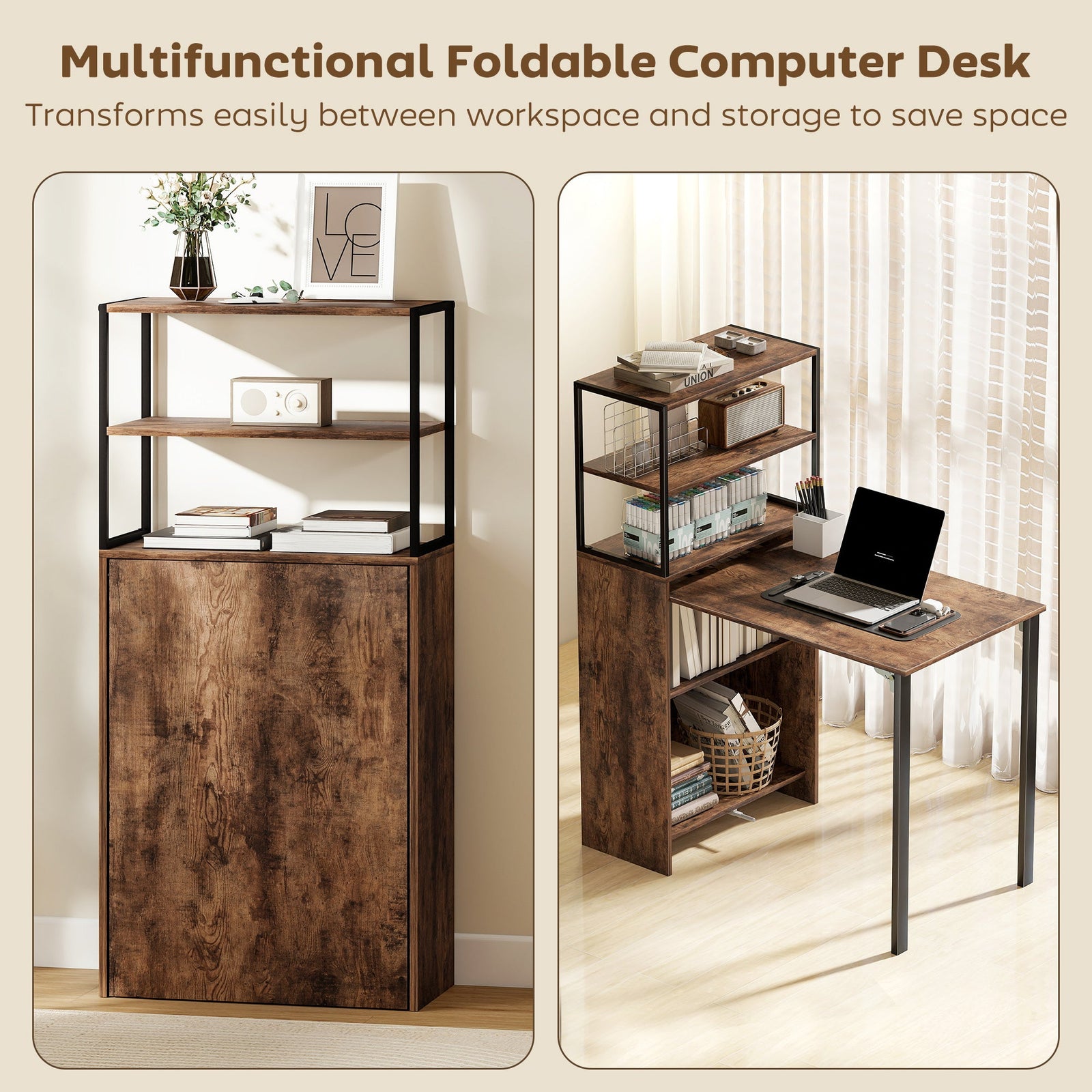 HOMCOM Folding Shelf and Work Table - Brown/Black