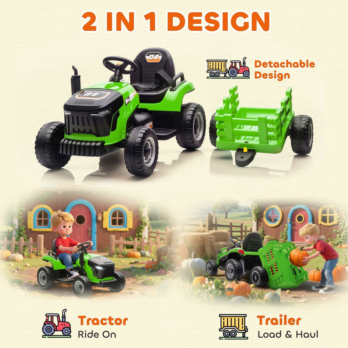 AIYAPLAY 12V Ride on Tractor and Trailer with Remote Control, Music, Shifter, Start-Up Sound, for Kids Ages 3-8 Years, Green
