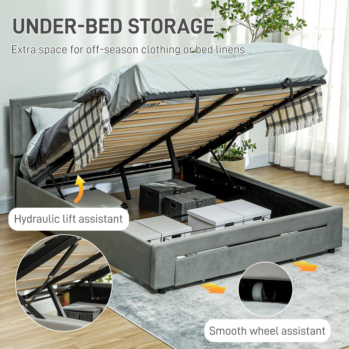 HOMCOM Double Size Ottoman Bed Frame 140W x 193.5D x 95Hcm with Front Drawer - Grey