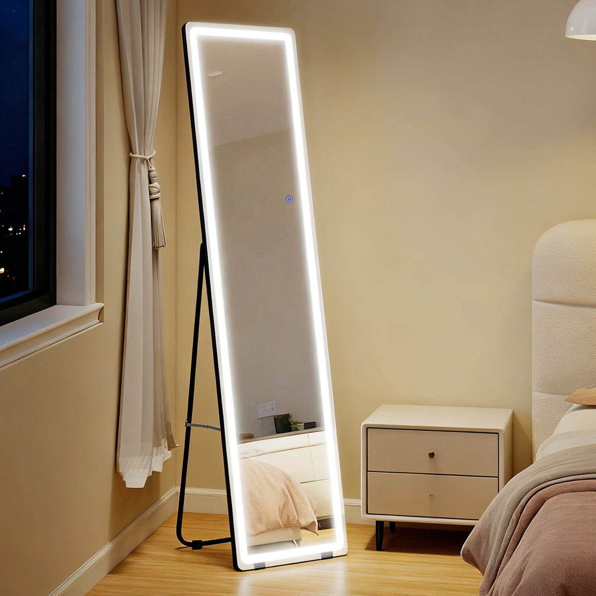HOMCOM Full-Length Mirror, 160 x 40 cm, Wall Mounted, Freestanding Floor Mirror with LED Lights and Remote Control, Dimming & 3 Colour Modes, for Bedroom, Black
