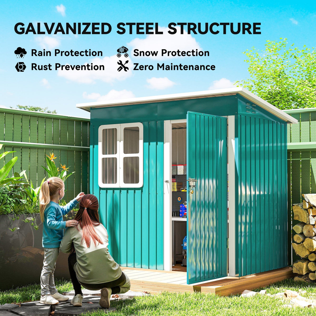 Outsunny 7 x 4ft Galvanised Steel Garden Shed, with Lock and Gloves - Green