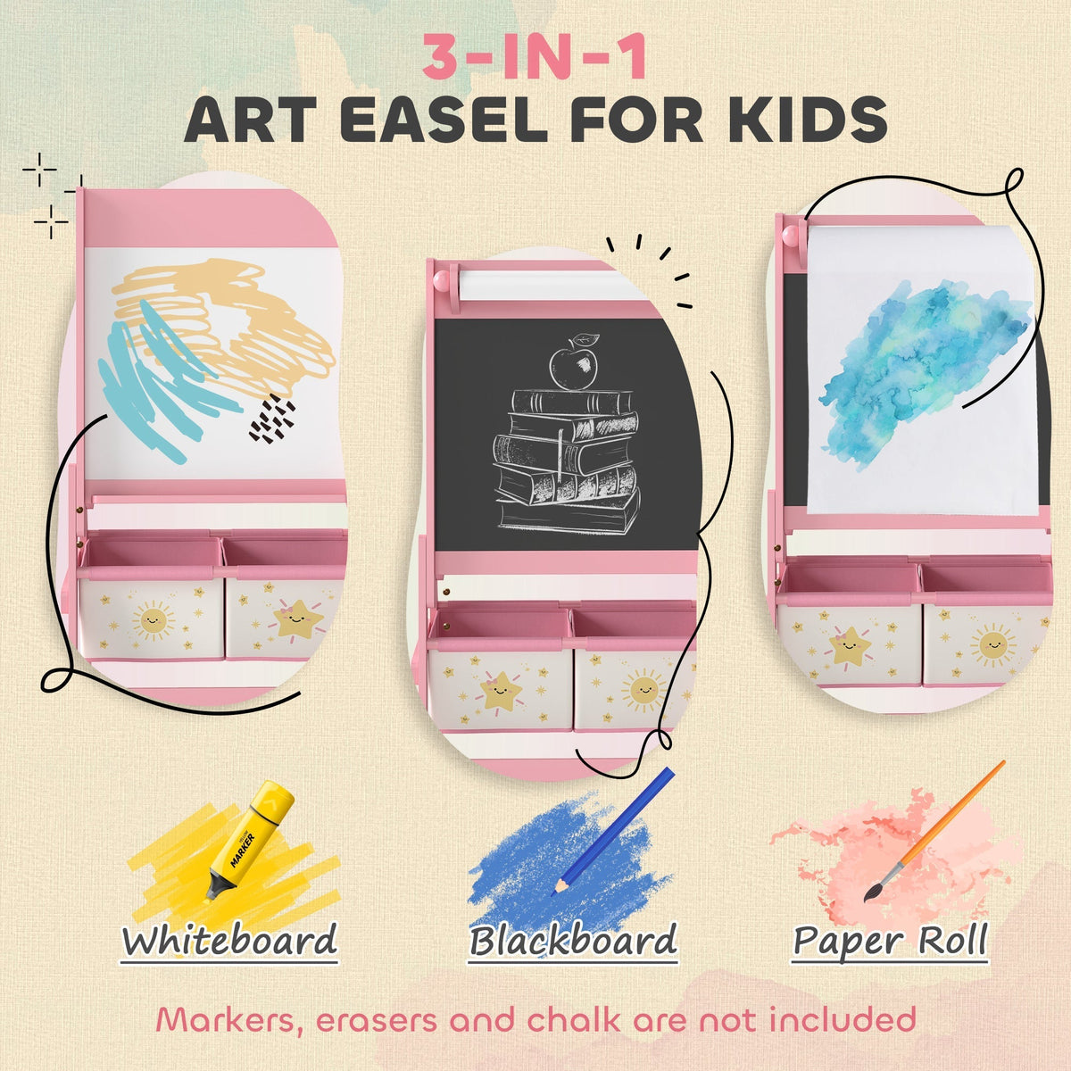AIYAPLAY Art Easel for Kids, Double-Sided Whiteboard/Blackboard with Paper Roll, Two Storage Boxes, for Ages 3-8 Years, Pink