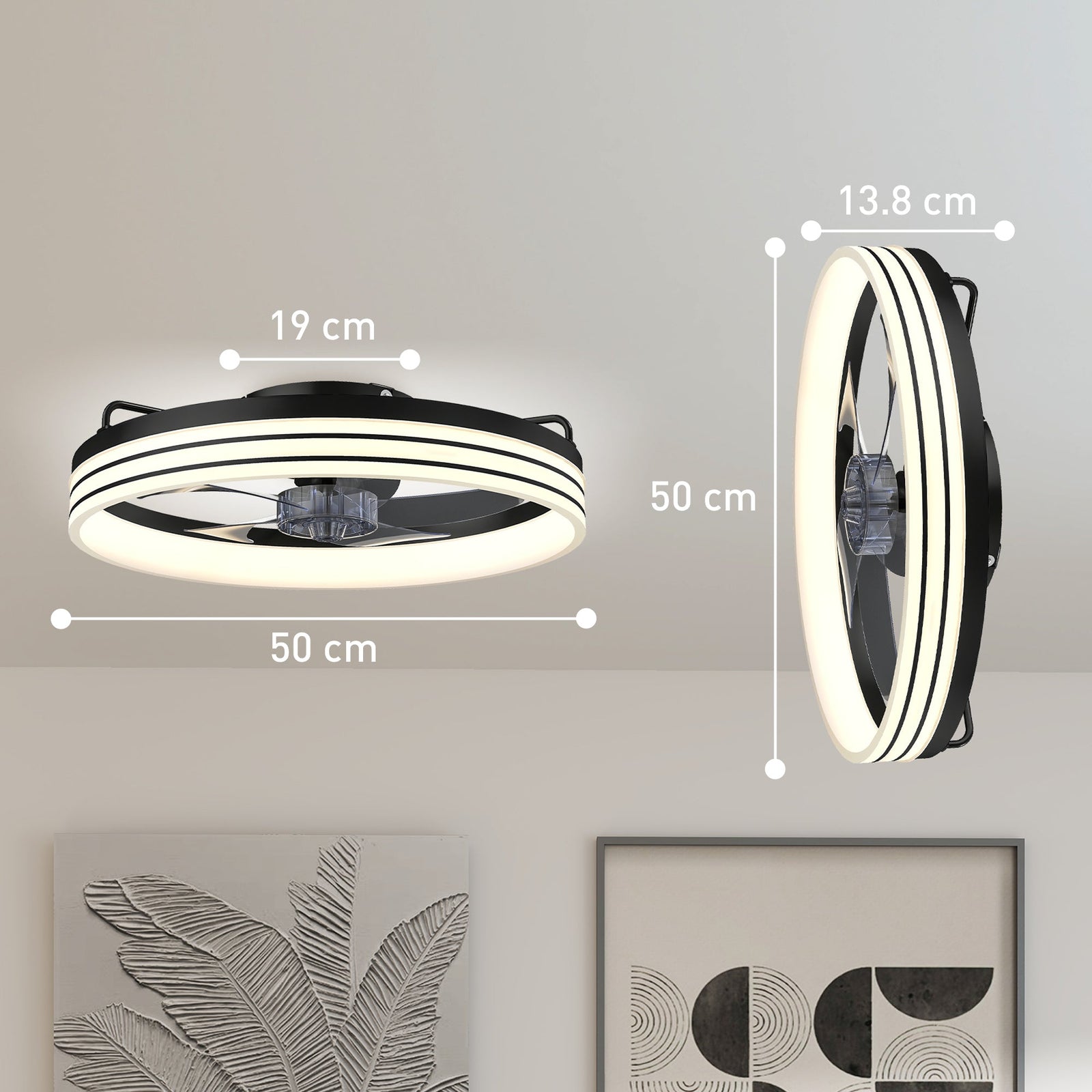 HOMCOM Ceiling Fans with Lights and Remote & App Control, 50cm LED Ceiling Fan Light with 3 Colour Temperatures, 6 Speed, Black