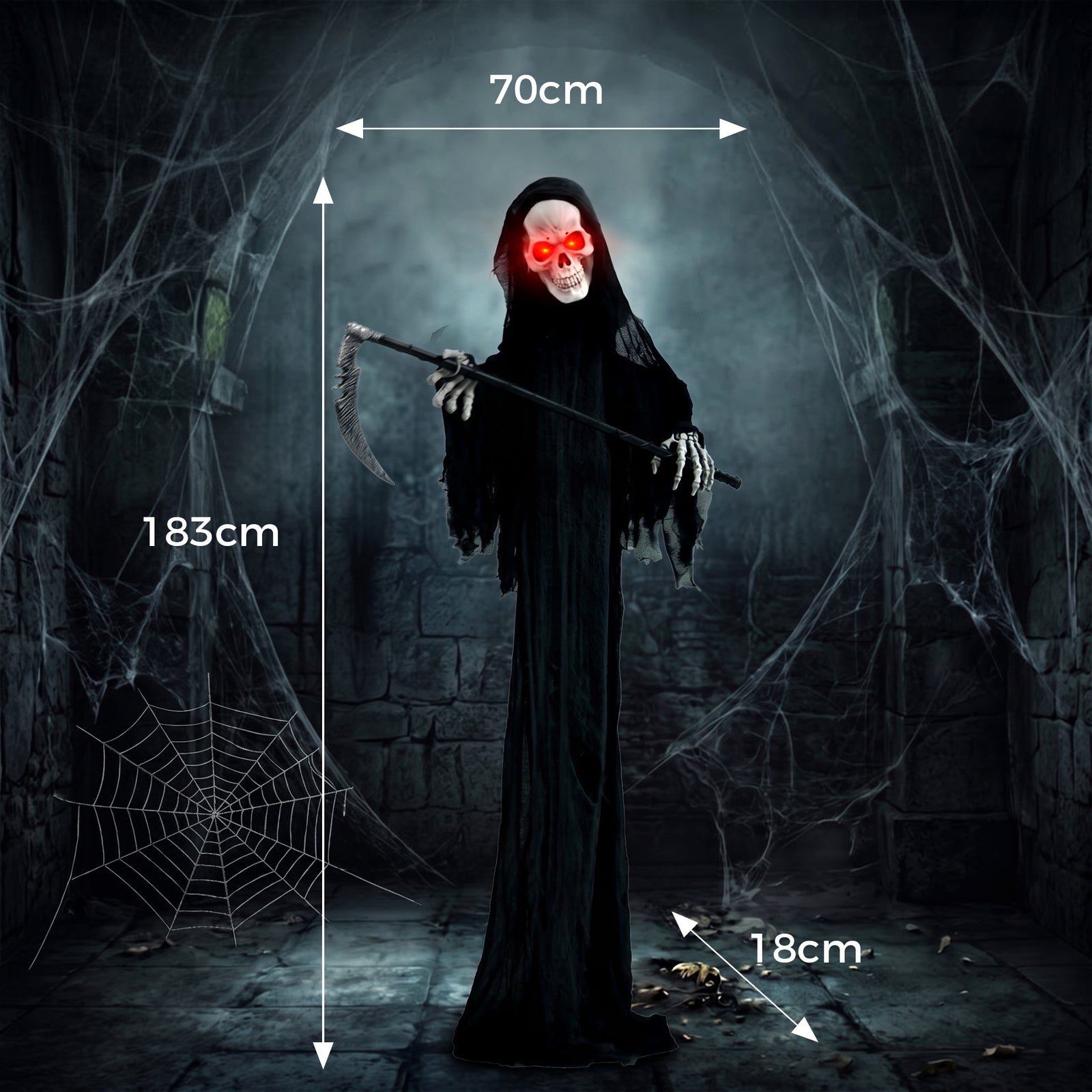 HOMCOM 183cm Life Size Animated Grim Reaper Halloween Decoration, Scary Halloween Animatronics Decor with Sound Touch Activated