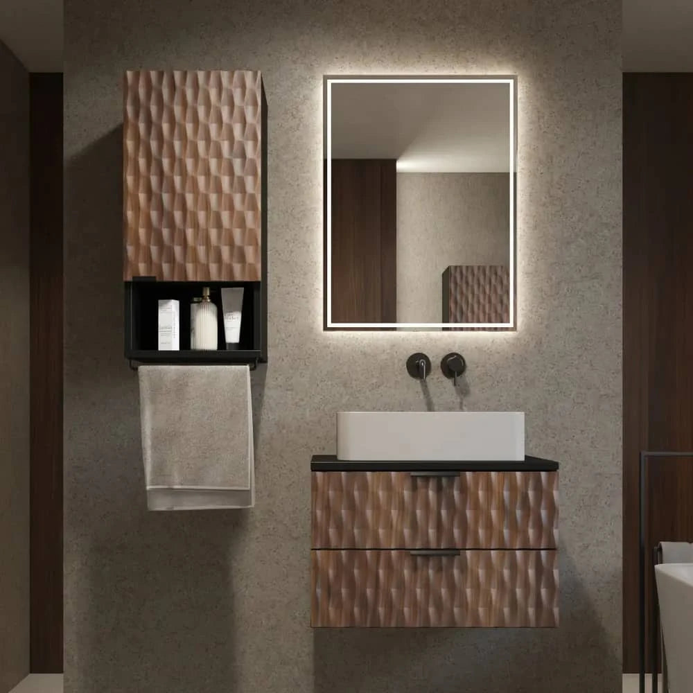 The bathroom cabinet positioned next to a rectangular basin and a rectangular mirror