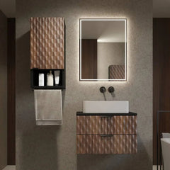 The bathroom cabinet positioned next to a rectangular basin and a rectangular mirror