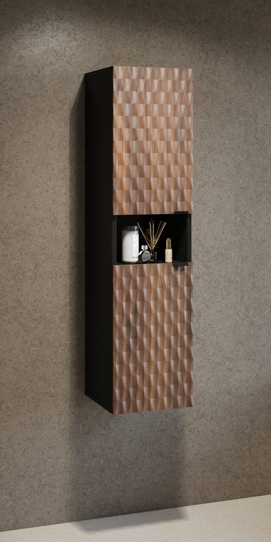 The bathroom cabinet mounted on a wall with decorative items placed on the central open shelf