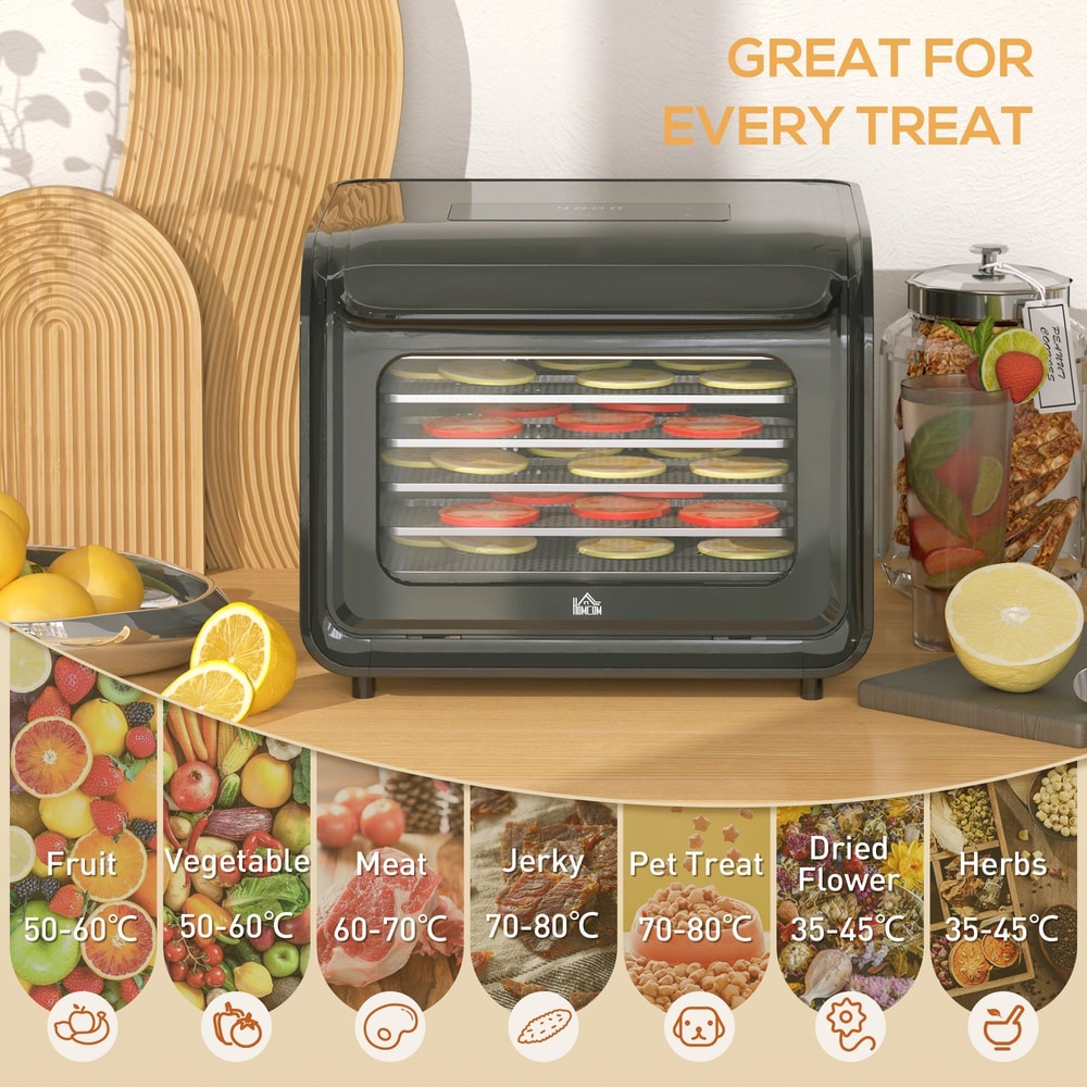 Black six-tray food dehydrator showing different food types and suggested drying temperatures