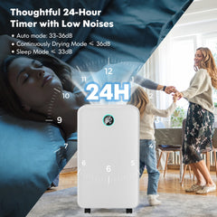 The dehumidifier shown with a clock graphic to illustrate the timer and quiet operation