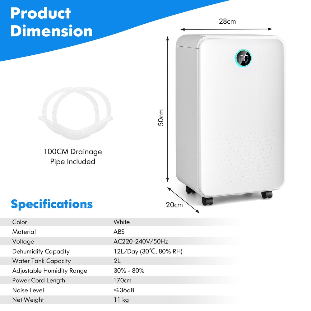 The dehumidifier with arrows showing its dimensions and a drainage pipe included