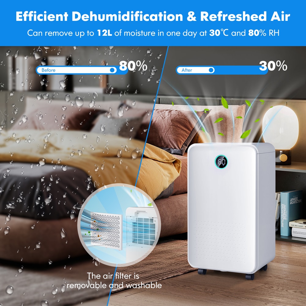 The dehumidifier in a bedroom with a close-up of the removable and washable air filter