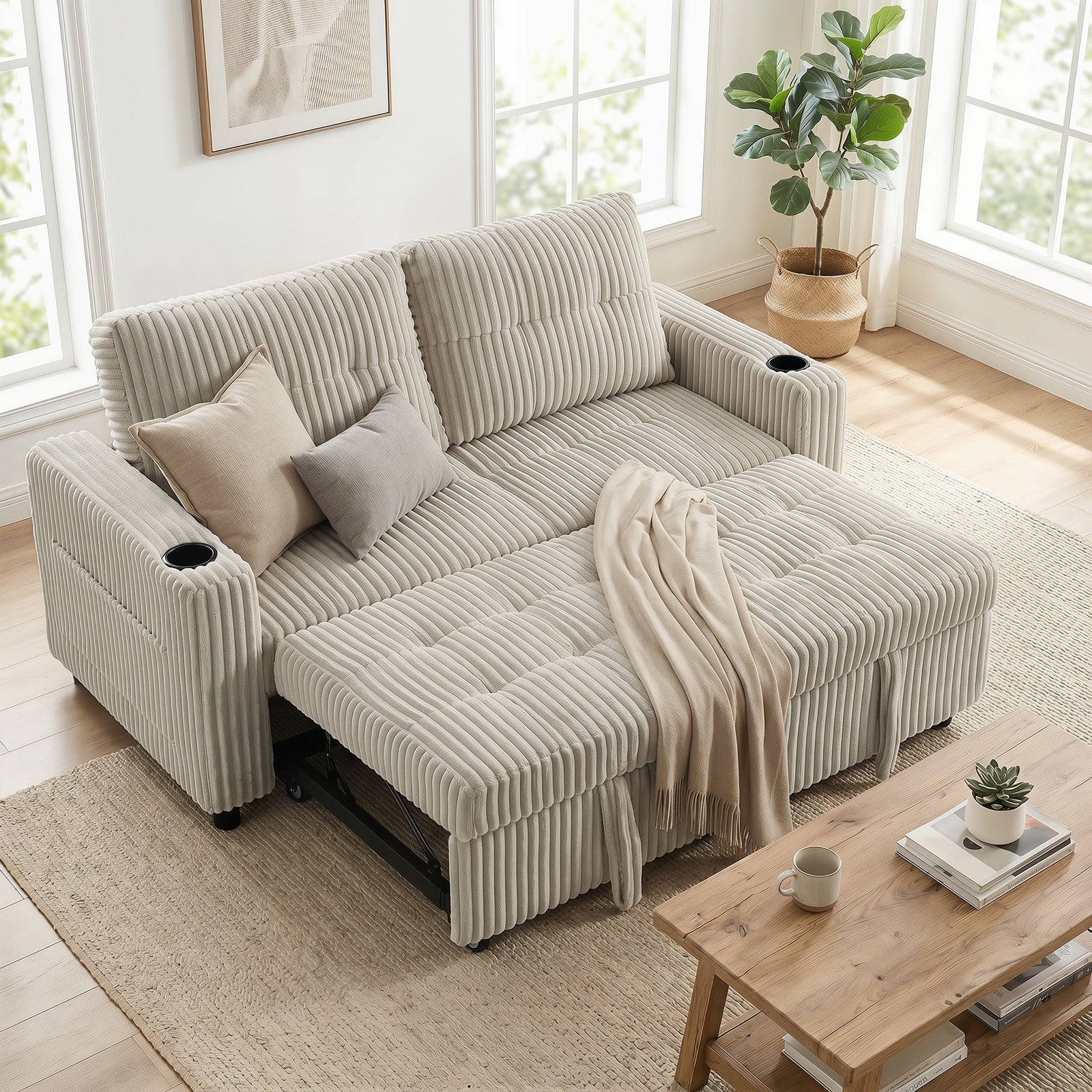 HOMCOM Corduroy Click Clack Sleeper Sofa with Pull Out Design, 2 Seater Sofa Bed, Cream White