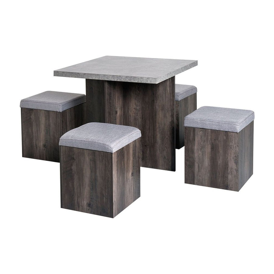 HOMCOM 5PC Dining Set Garden Patio Wooden Set 4 Storage Stools Footrest Ottoman with Cushions + 1 Table Space Saving Design