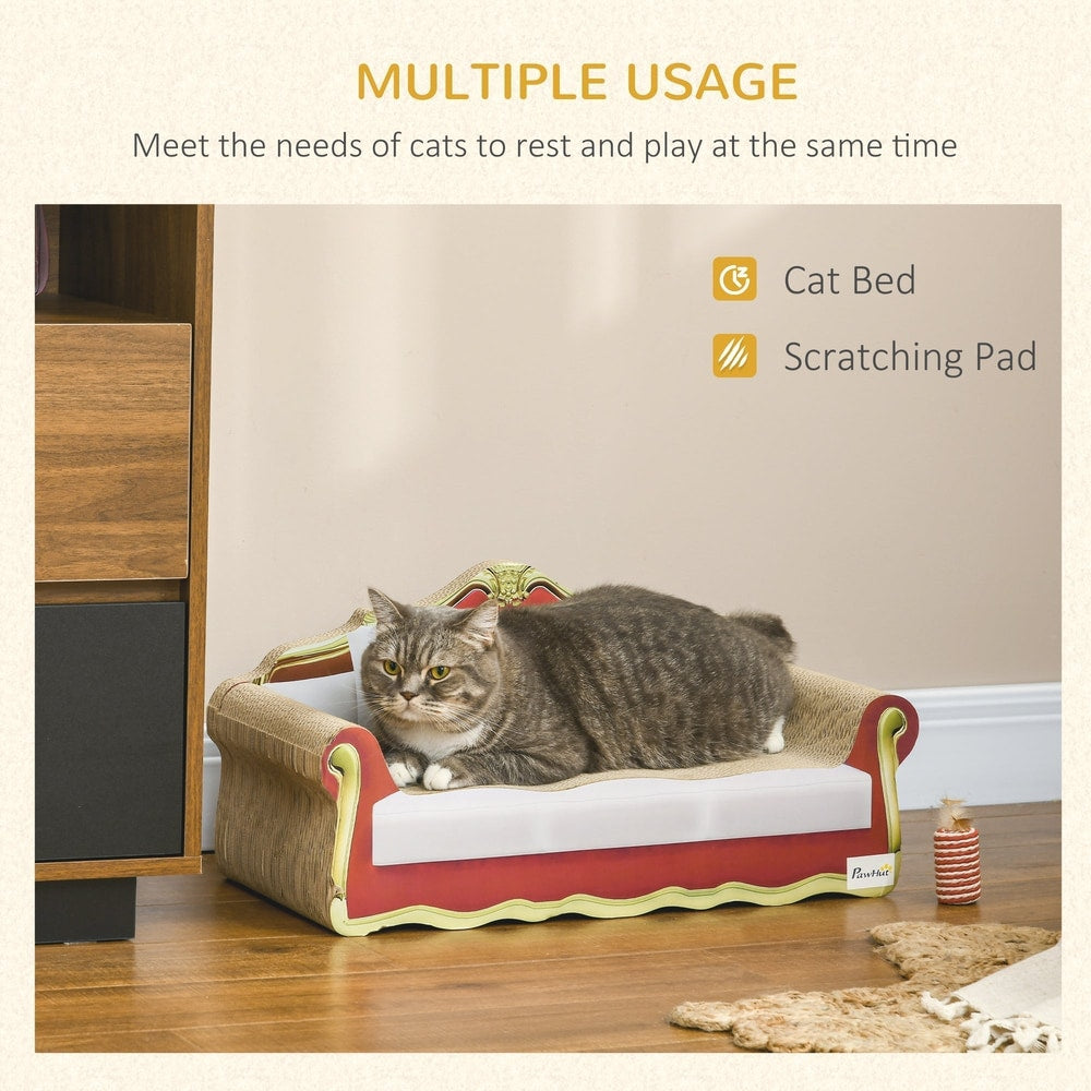 A cat rests on the cardboard scratcher sofa bed, which can also be used for scratching