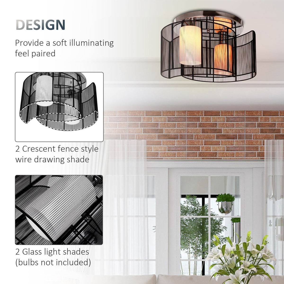 HOMCOM Modern Chandelier, Semi-Flush Mount Ceiling Light with 2 Light, E27 Bulb Base for Hallway, Dining Room, Living Room, White and Black
