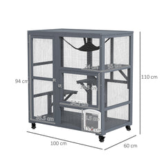 PawHut Cat House, Wooden Indoor Catio Cat Enclosure on Wheels, Wooden Kitty Cage with Platforms, Hammock, Light Grey