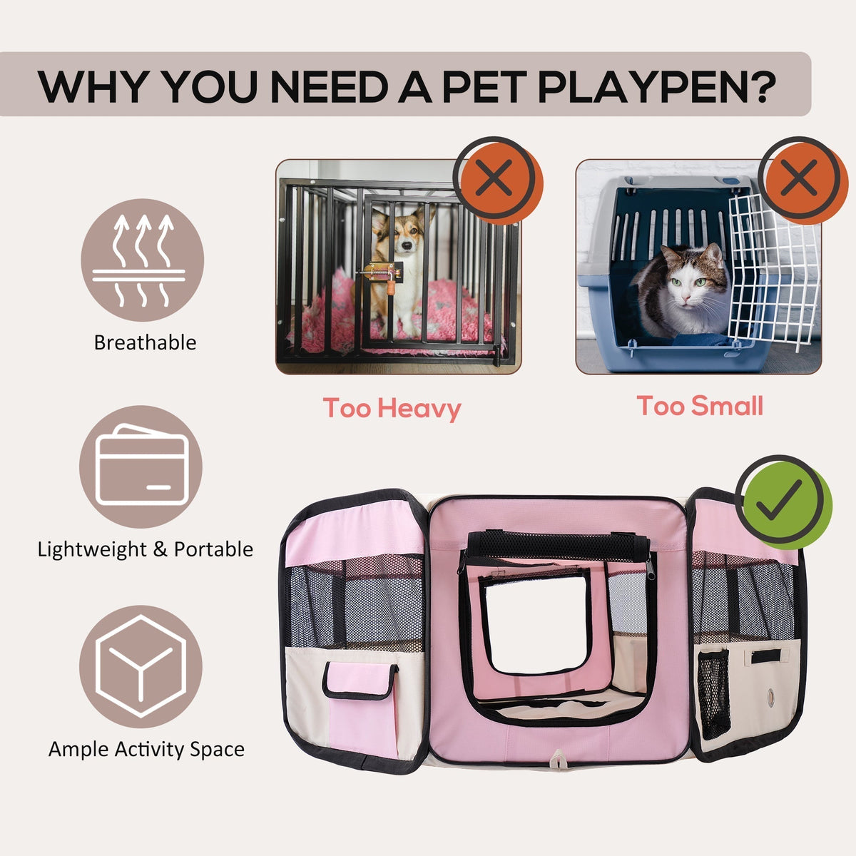 PawHut Portable Cat Dog Playpen Pet Puppy Rabbit Guinea Pig Pen Run Dia in Pink