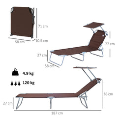 Outsunny Outdoor Foldable Sun Lounger, 4 Level Adjustable Backrest Reclining Sun Lounger Chair with Angle Adjust Sun Shade Awning for Beach, Garden, Patio, Brown