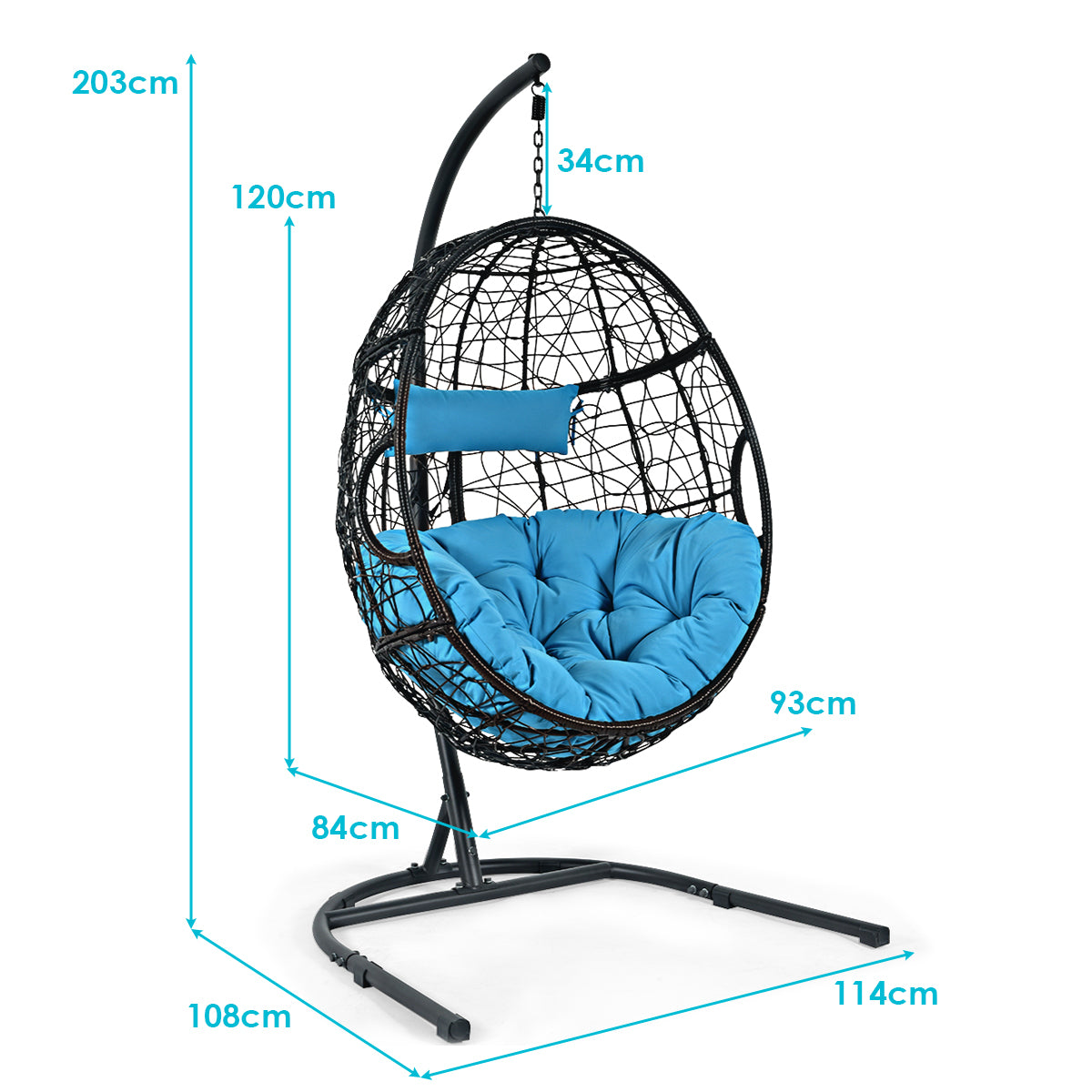 Egg Swing Chair with Stand and Ultraviolet-Resistant Seat Cushion-Turquoise