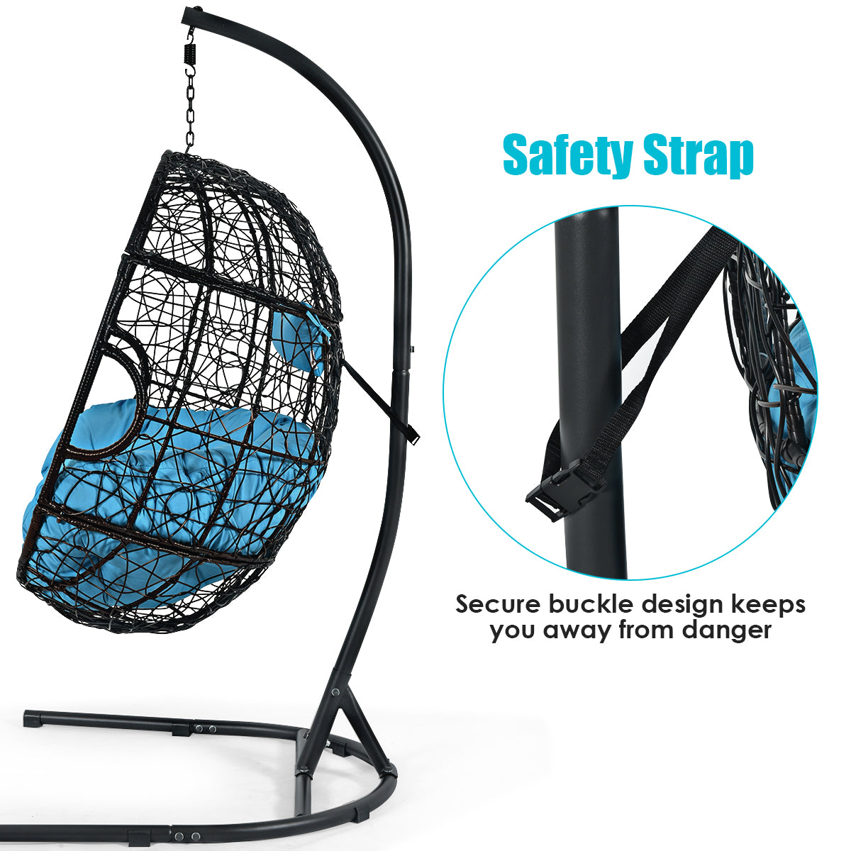 Egg Swing Chair with Stand and Ultraviolet-Resistant Seat Cushion-Turquoise