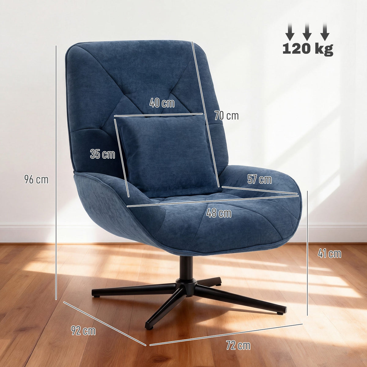 HOMCOM Accent Chair, Chenille Upholstered Swivel Armchair with Lumbar Pillow, High Back, Deep Seat and Metal Legs, Dark Blue