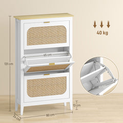 HOMCOM Narrow Shoe Cabinet, Boho Slim Shoe Storage Cabinet with 3 Flip Drawers, Holds 21 Pairs, White