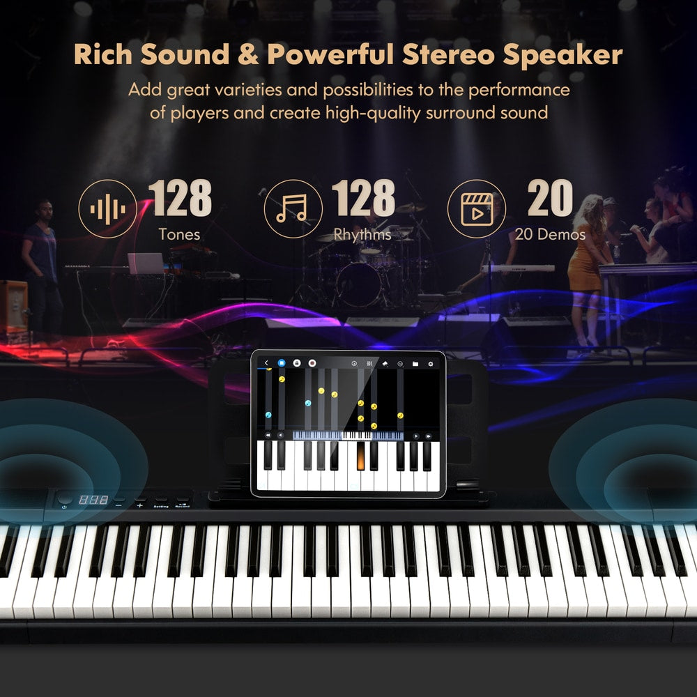 Close up of the electronic keyboard with text about rich sound and powerful stereo speaker